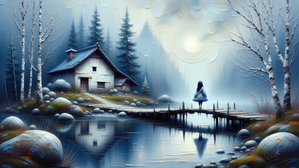 Ethereal Blue Landscape Painting with Stone Bridge