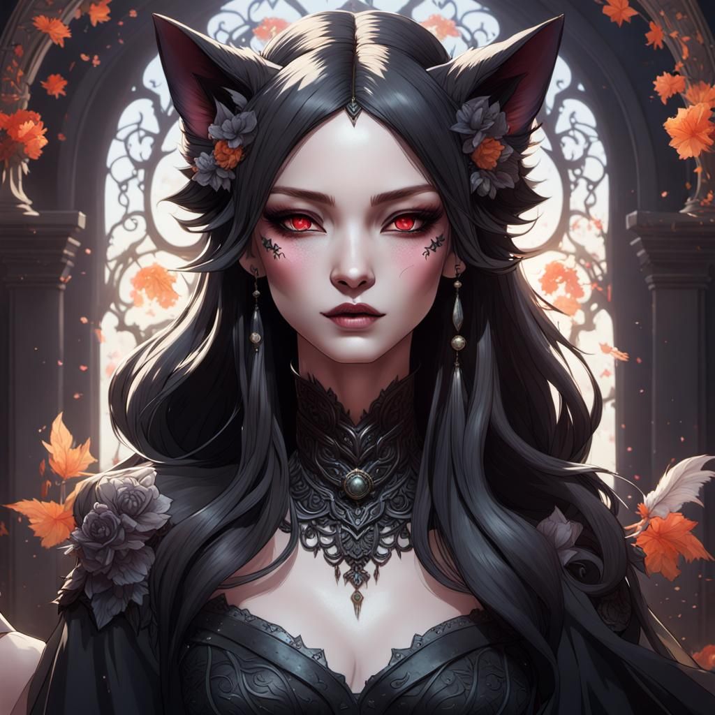 Gothic Kitsune in Black Wedding Dress, Art Nouveau Portrait