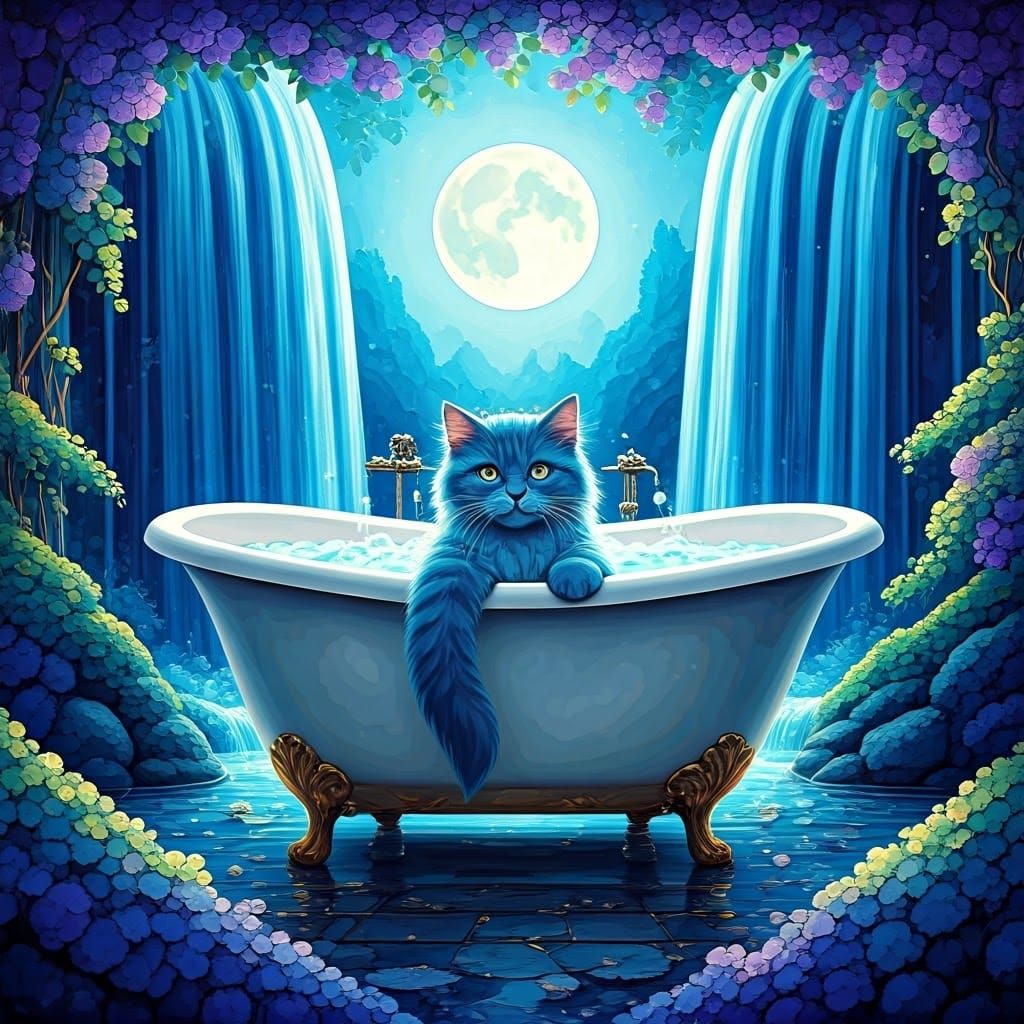 Majestic Blue Kitten in Sparkling Heart-Shaped Tub