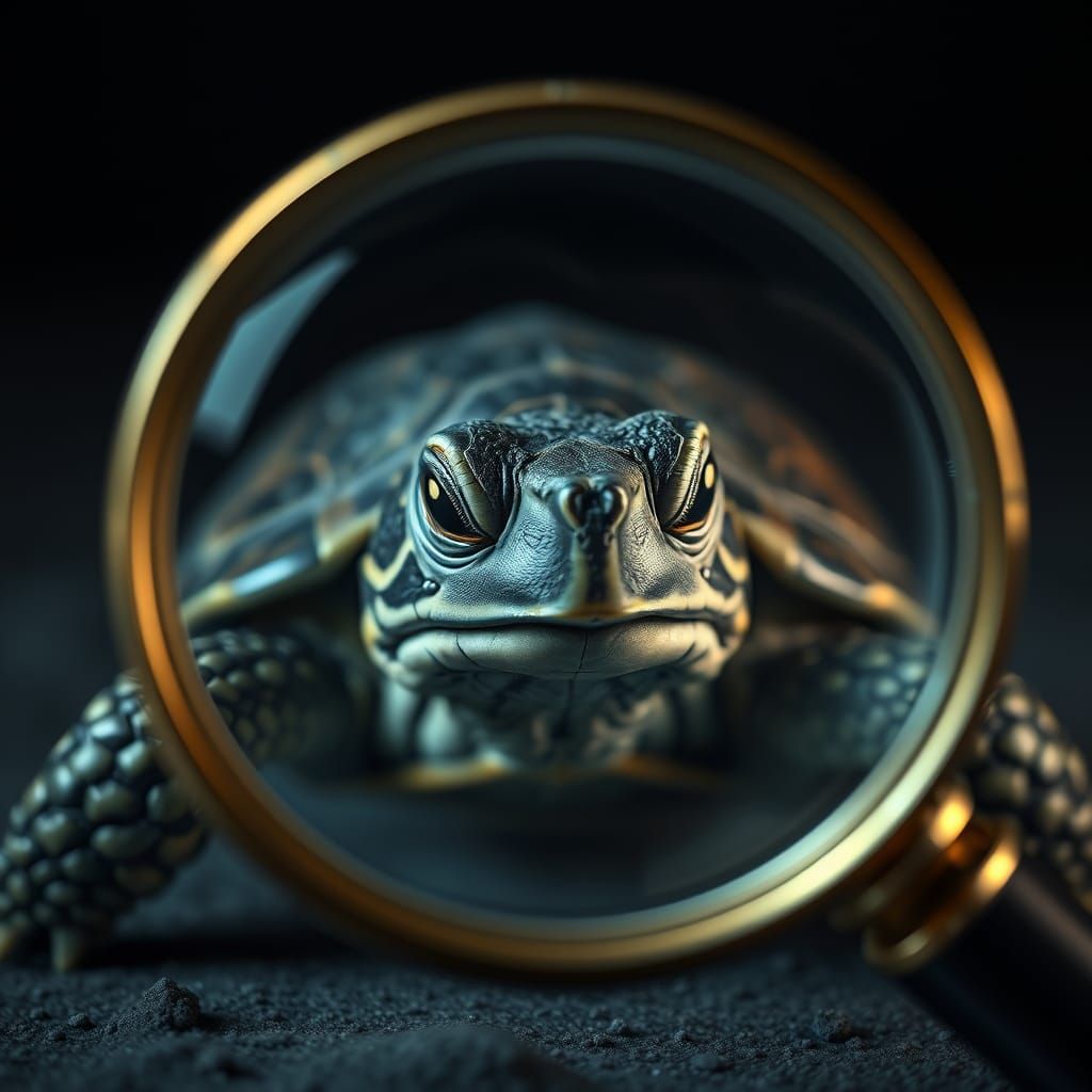 Hyperrealistic Turtle Gazing Through Magnifying Glass
