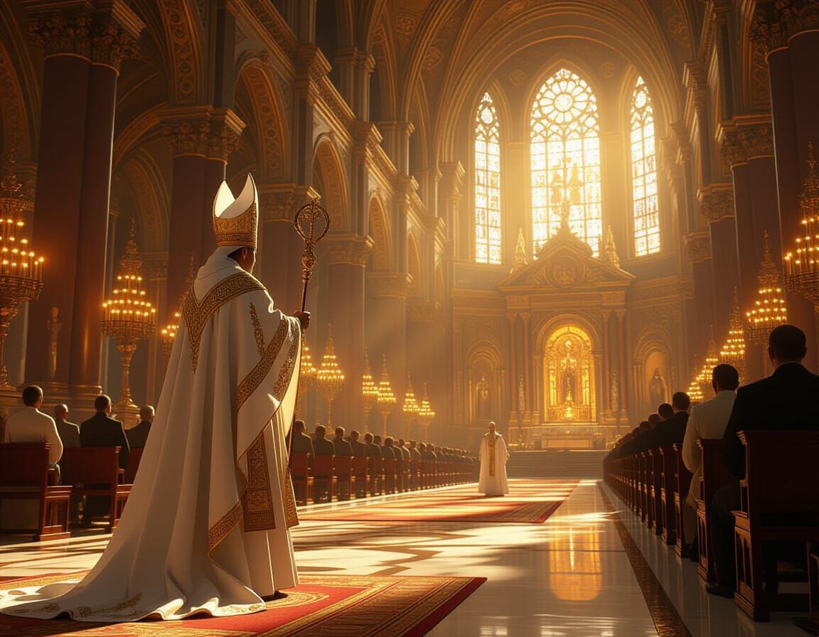 Pope in Ornate Vestments in Ethereal Cathedral