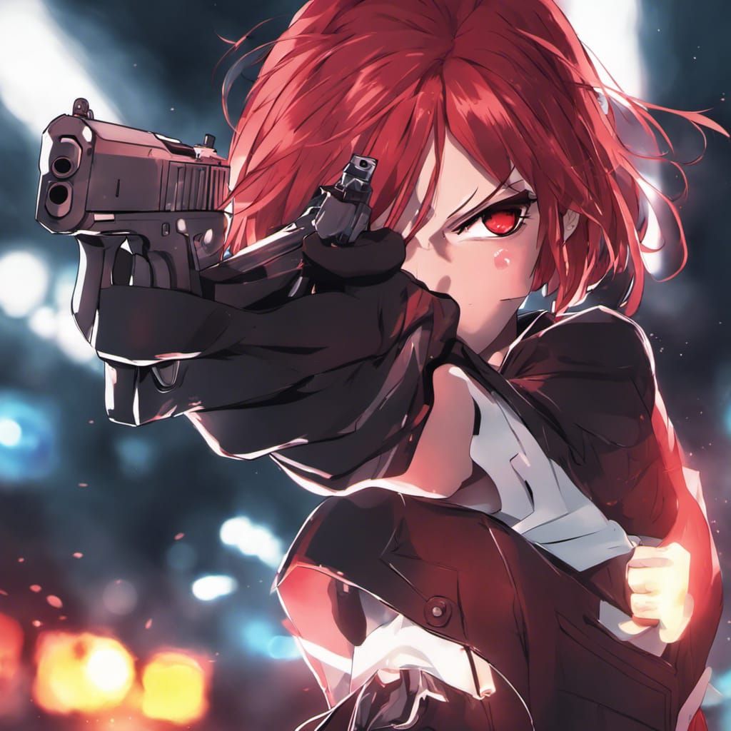 Tough Redhead with Handgun in Anime Style