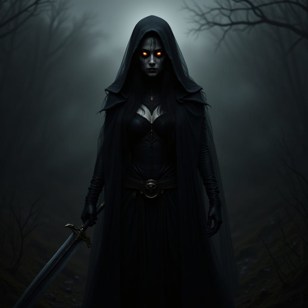 Shadow Goddess Emerges From Mist Wielding Fire Sword