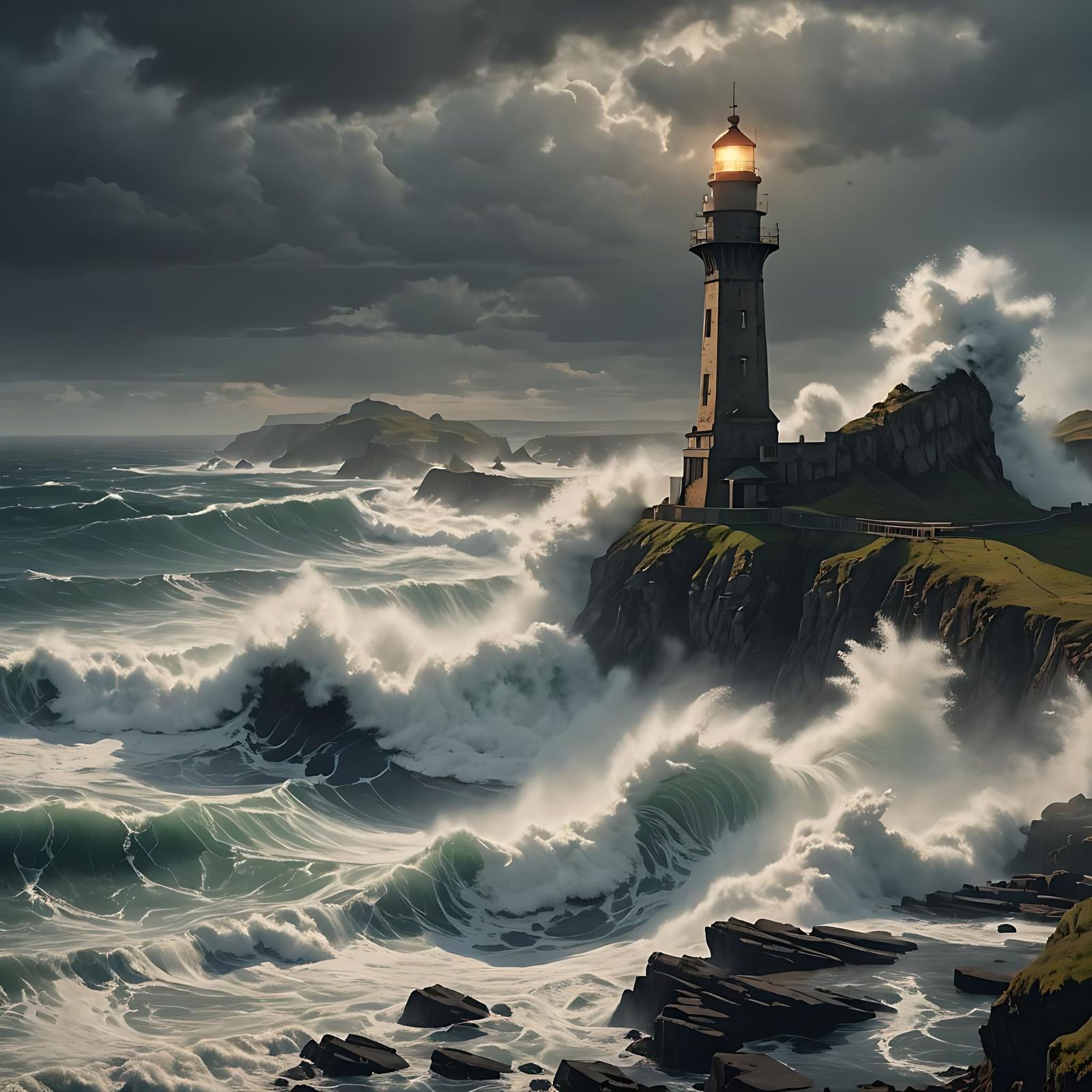 Cliffside Light Tower Against Distant Tidal Waves