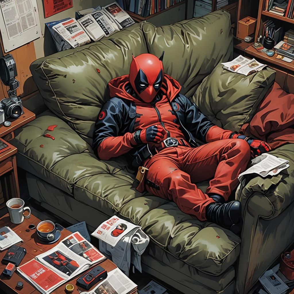 Sleeping Deadpool on Couch in Anime Style