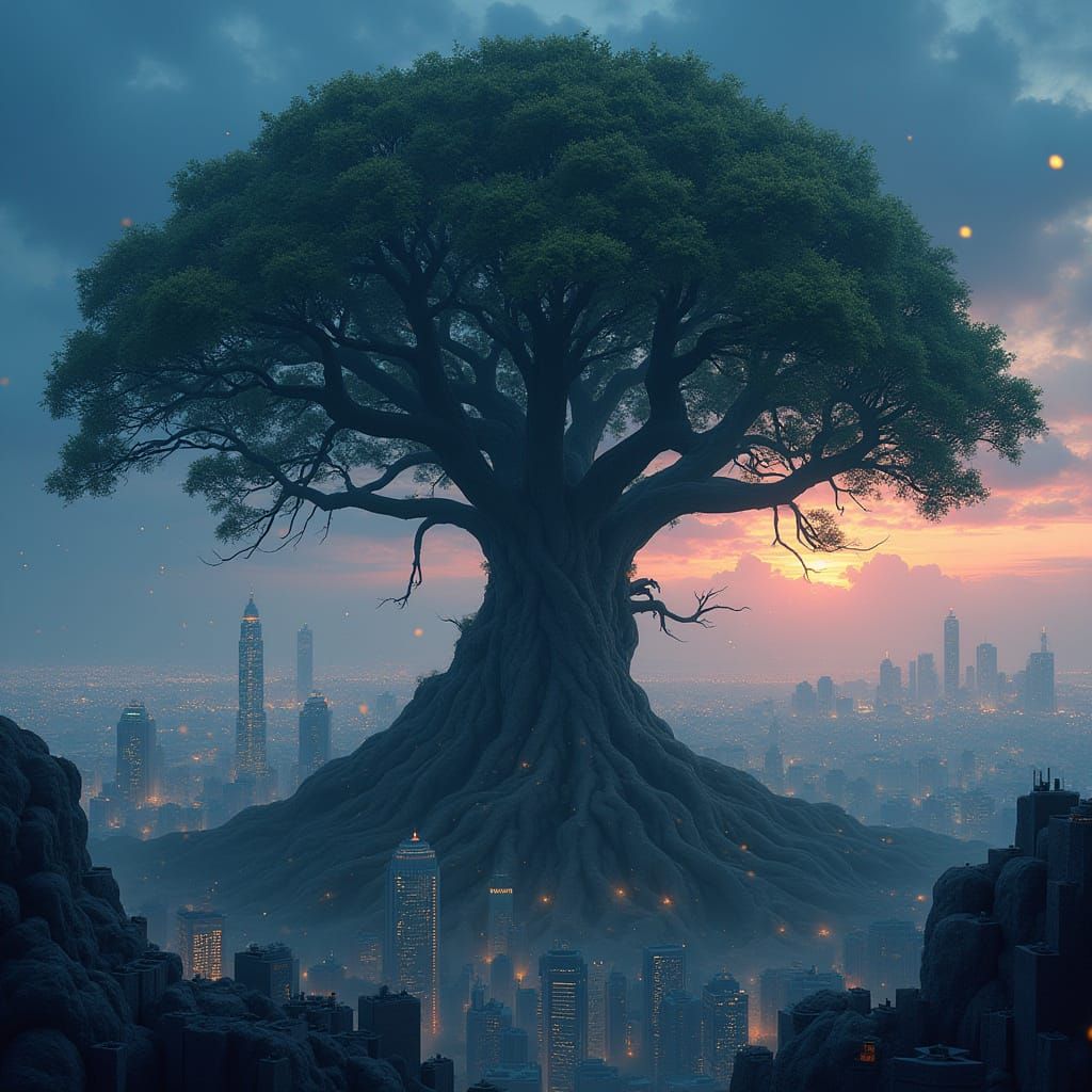 Ancient Tree Dominates Cityscape with Bioluminescent Leaves