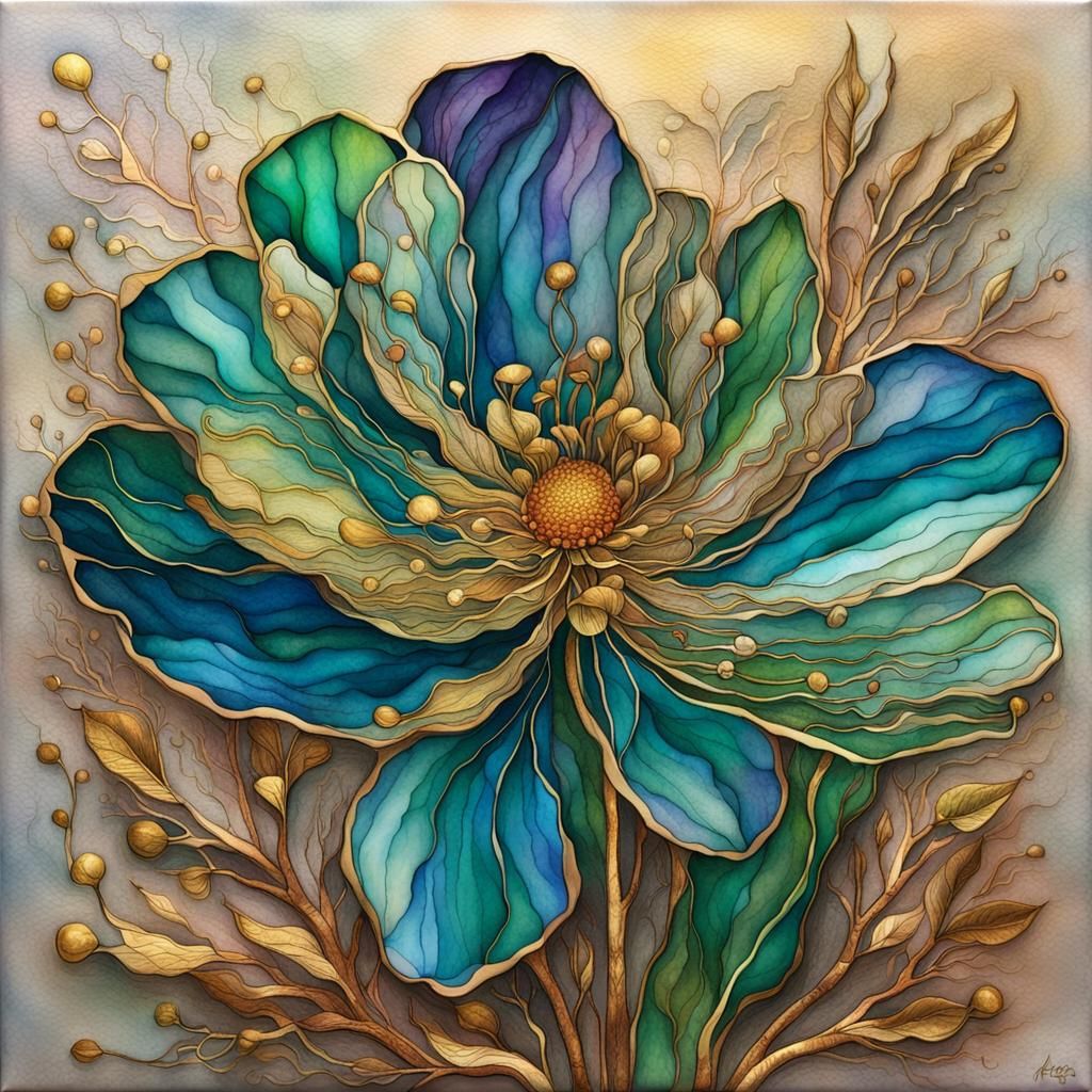 Botanical Flowers with Gold Trim in Alcohol Ink