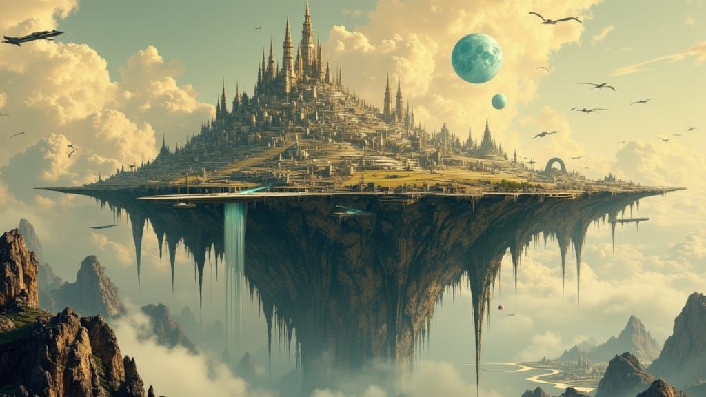 Epic Fantasy Floating Island with Alien Metropolis