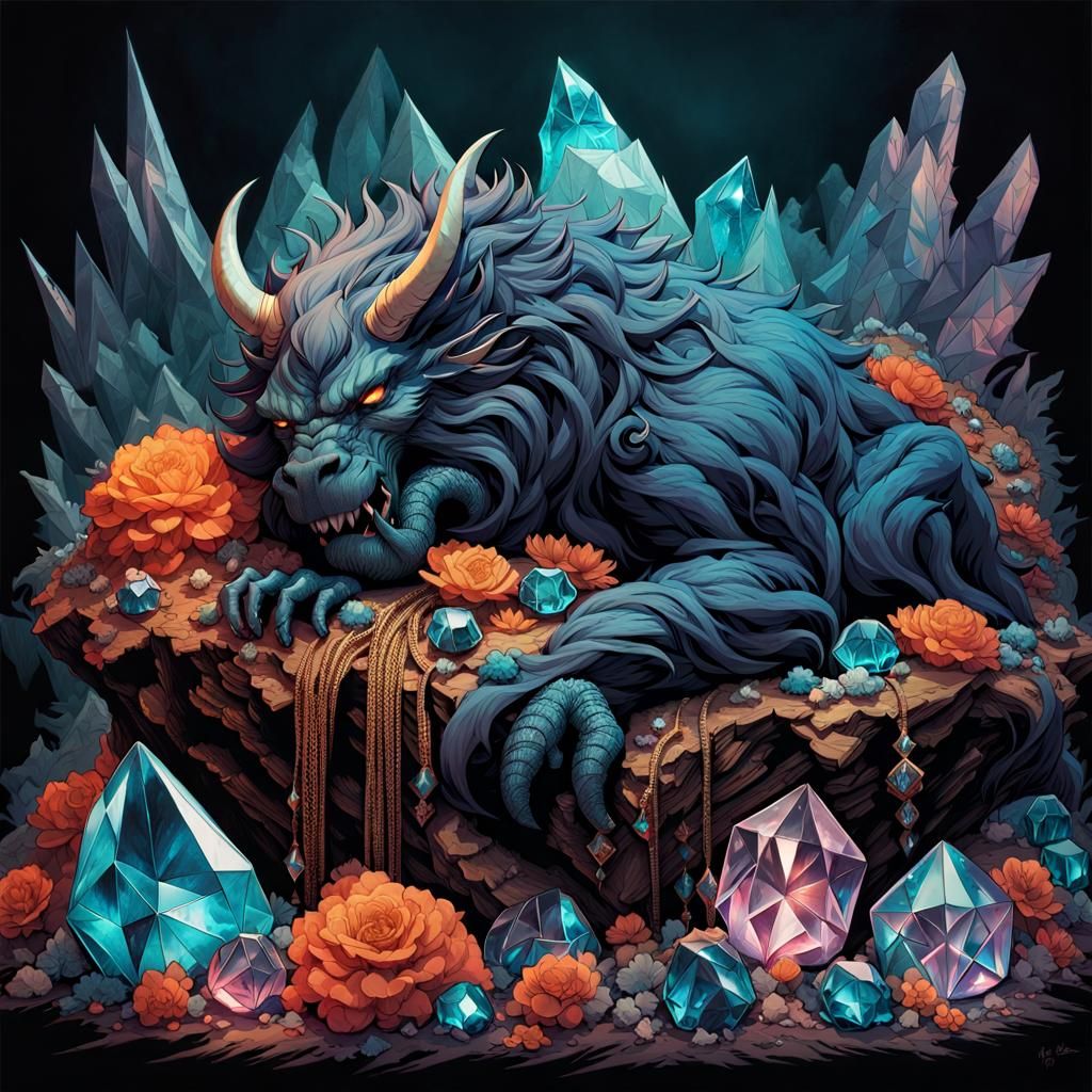 Sleeping Monster on Treasure Pile: Aquarelle Fantasy