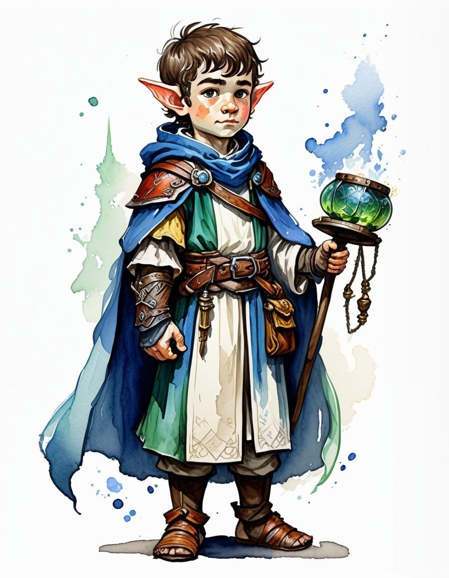 Halfling Cleric Healer in Ink and Watercolor Style
