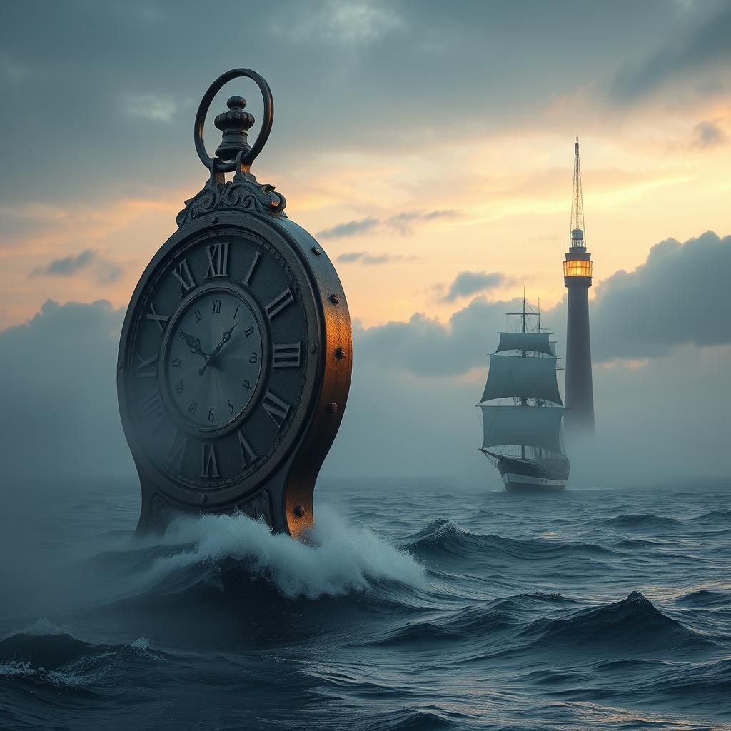 Surreal Ocean Clock with Futuristic Lighthouse
