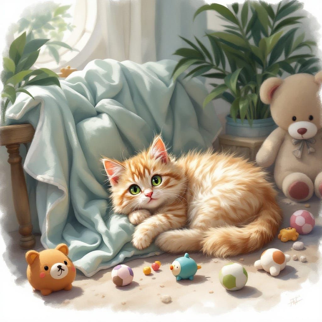 Whimsical Feline Scene in Soft Digital Painting