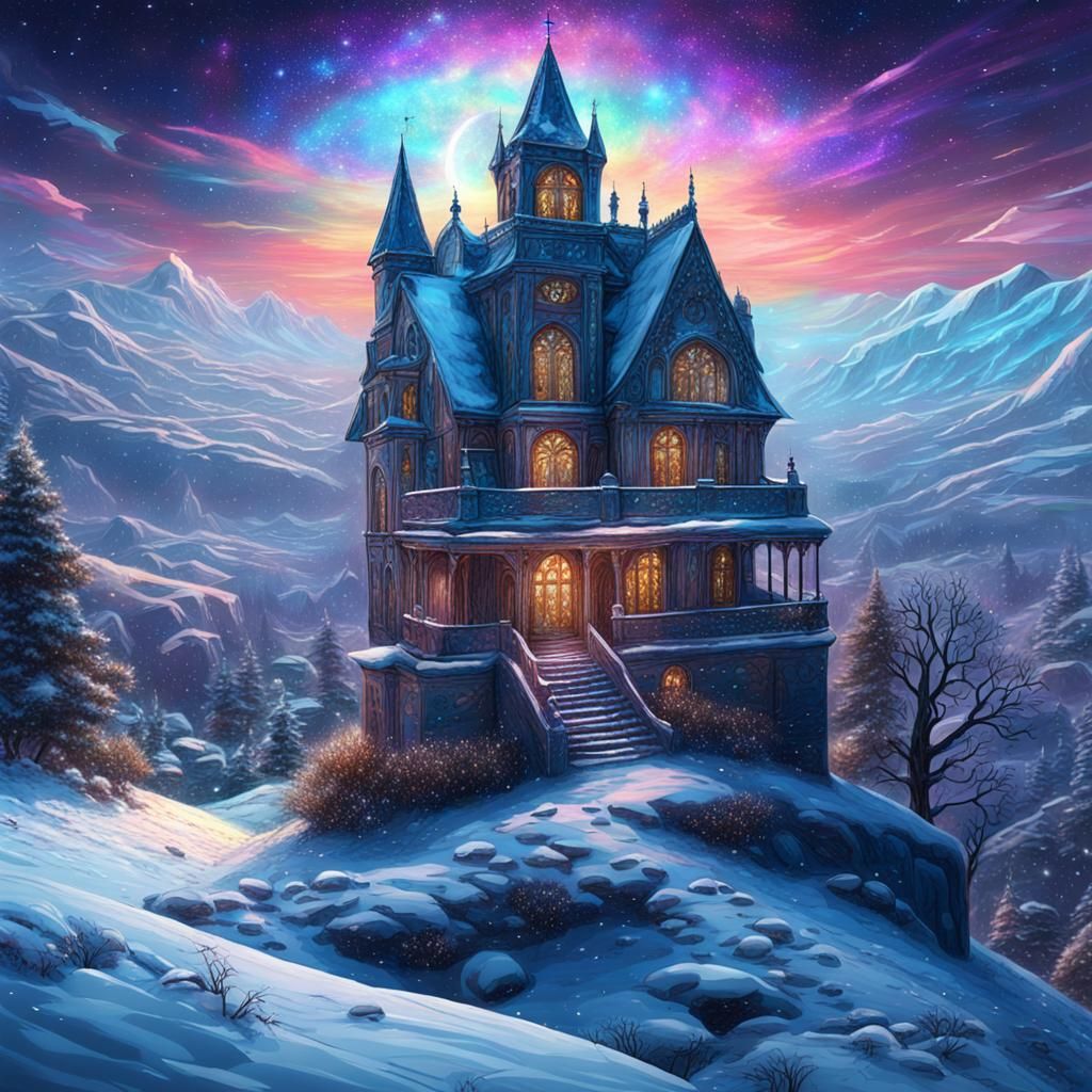 Gothic Mansion Over Snowy Village: Cosmic Illustration