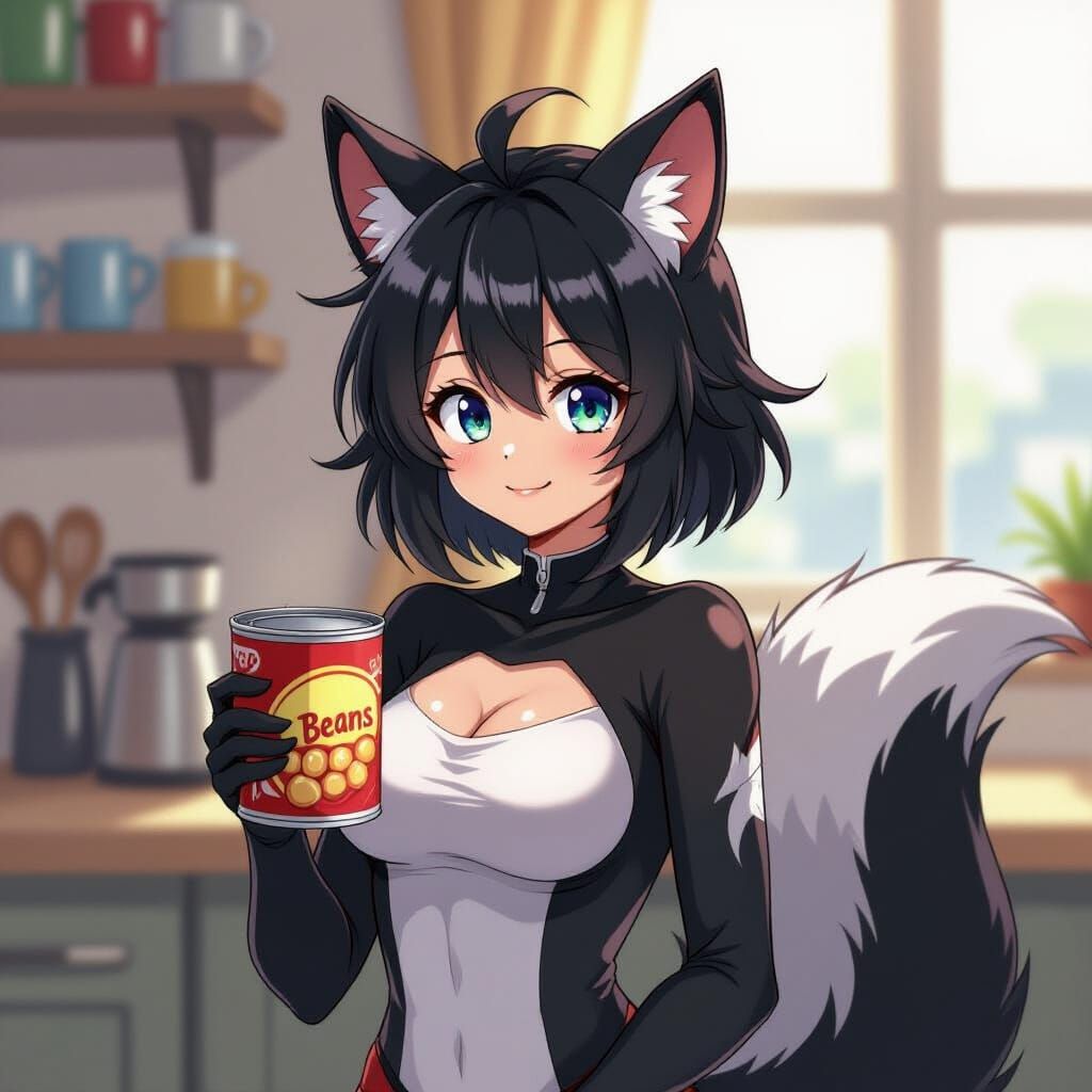 Anime Skunk Girl with Beans, Cel-Shaded Style