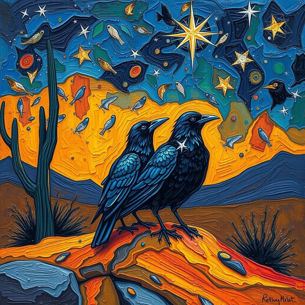 Crows in Desert Night Sky, Impasto Oil Painting