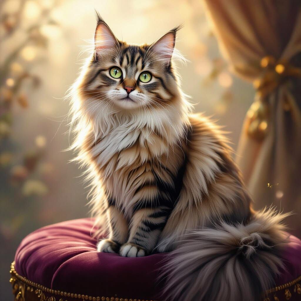 Majestic Mixed-Breed Cat on Velvet Cushion