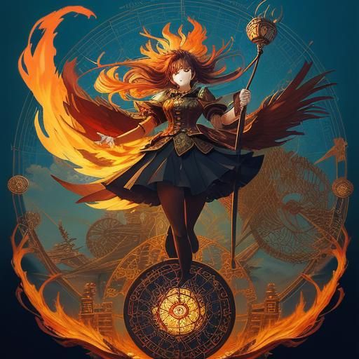 Manga Phoenix Rising from Ashes with Tarot Cards