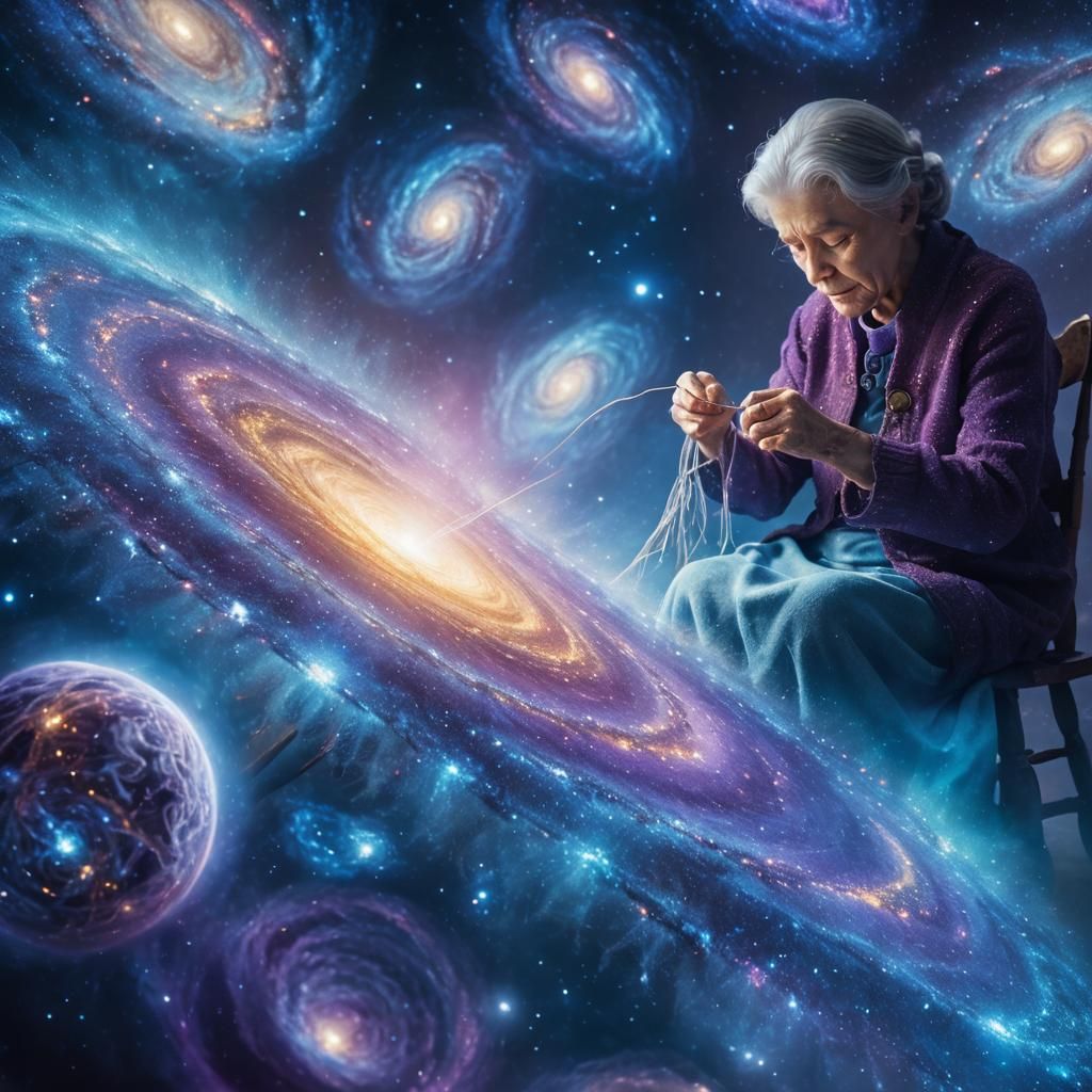 Elderly Lady Weaving a Galaxy: Cinematic Film Still
