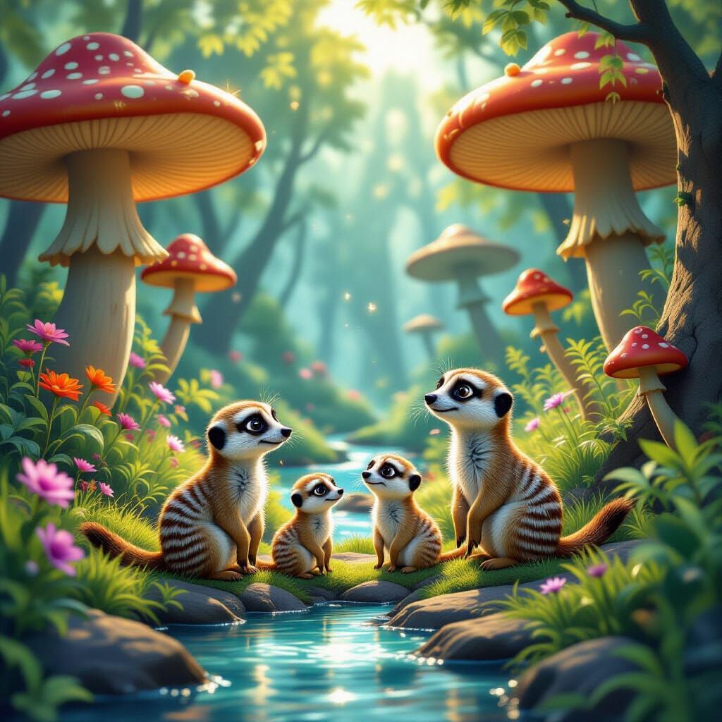 Meerkats Explore Whimsical Forest as Digital Art