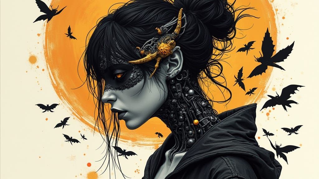 Cyberpunk Bats in a Corroded Woman's Silhouette