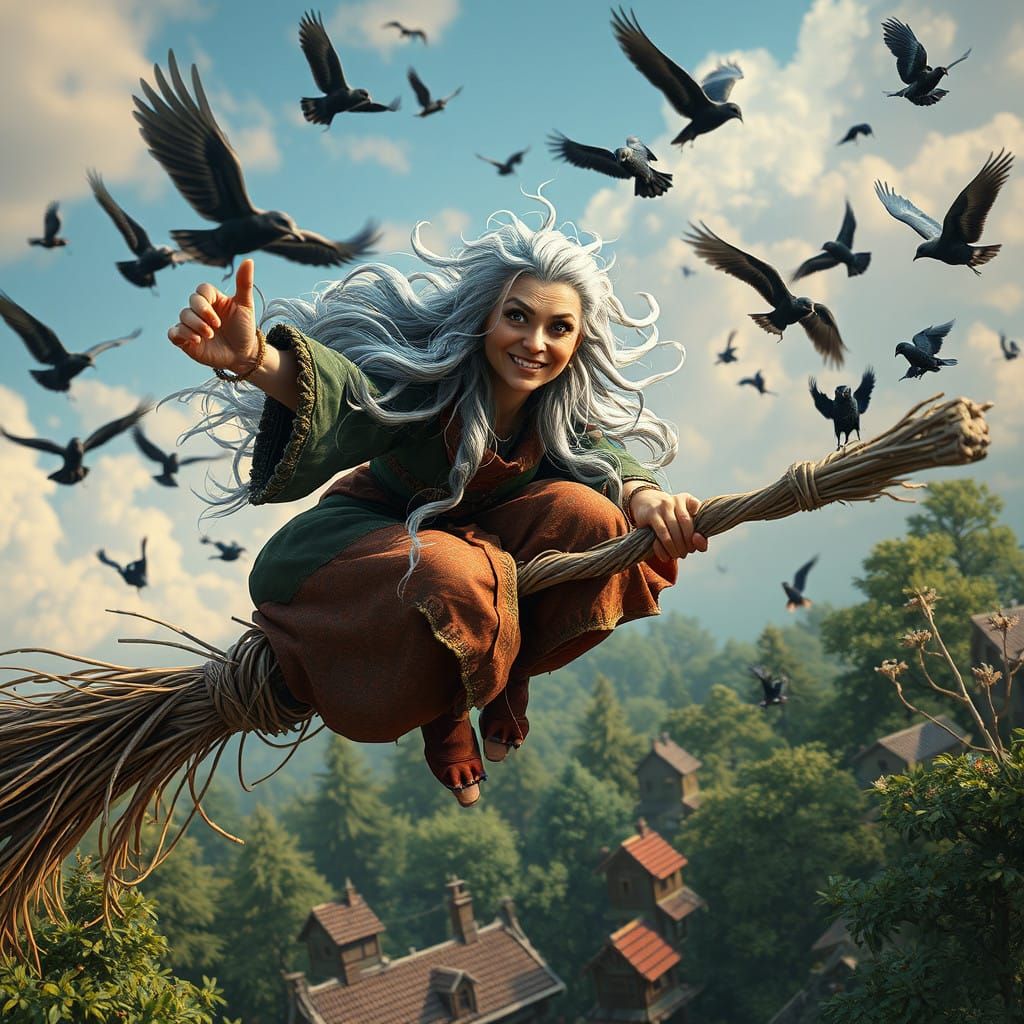 Whimsical Witch on a Magical Broomstick Flight