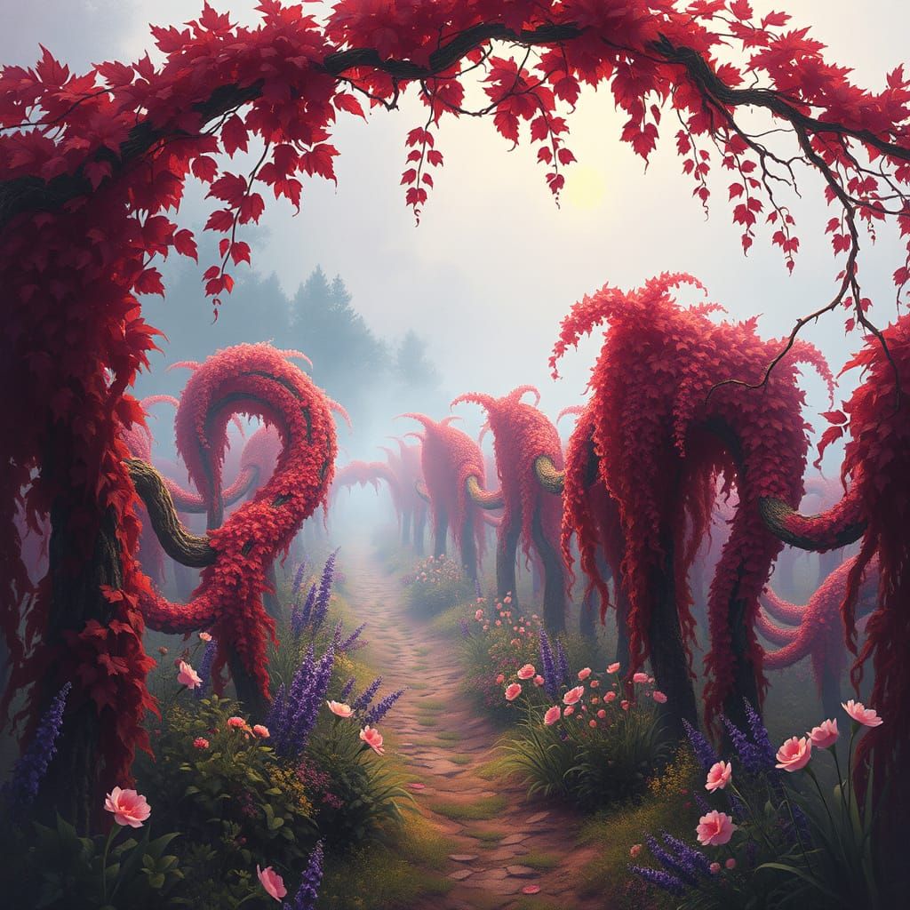 Whimsical Red and Purple Vineyard Scene in Fantasy Art