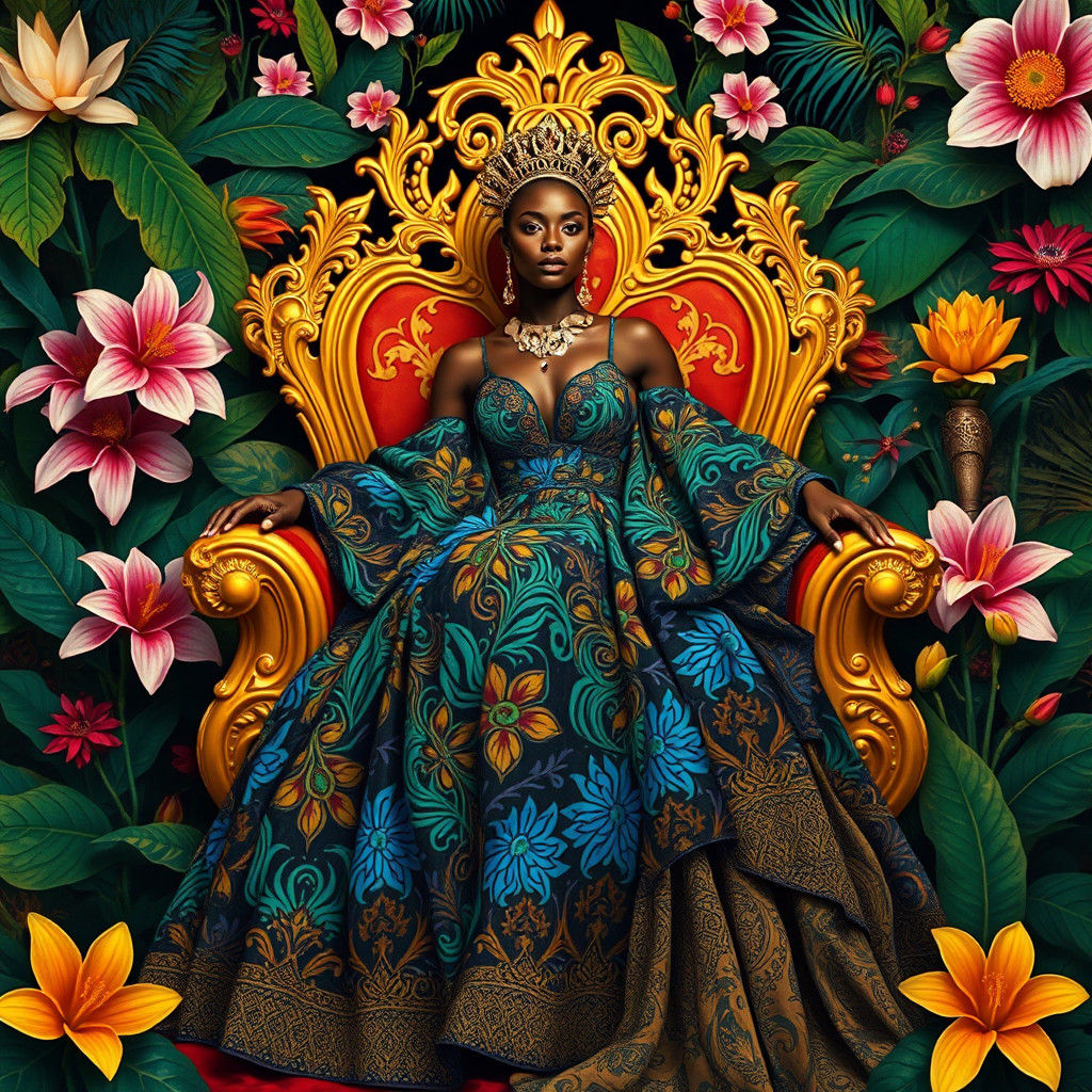 Opulent Woman on Throne in Abstract Expressionism Style