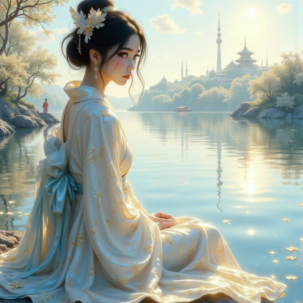 Girl by River Gazing at Japanese City