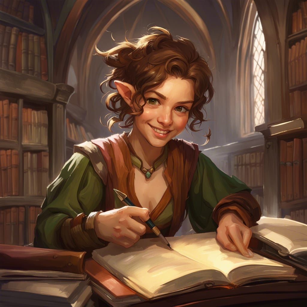 Halfling Woman Writing in Library, Detailed Fantasy Art