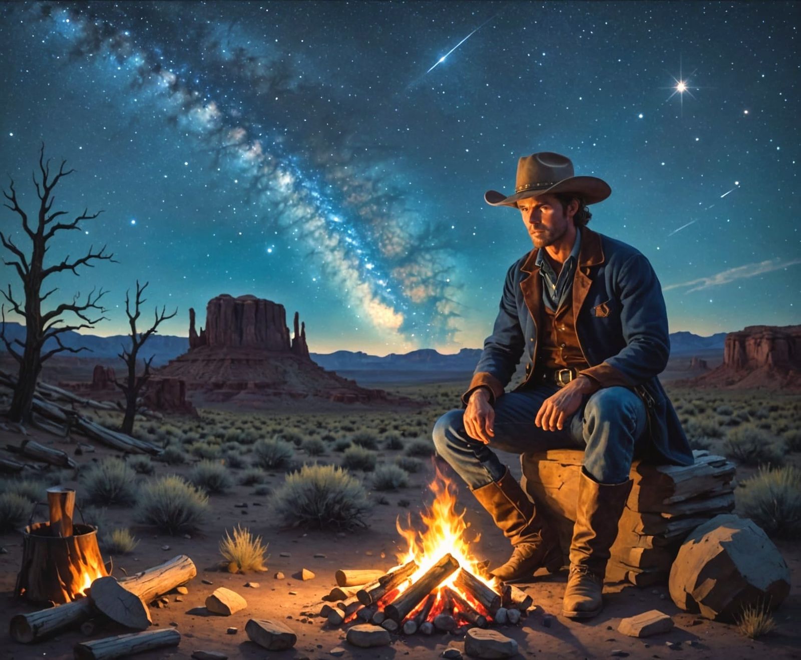 Handsome Cowboy by Campfire Under Milky Way