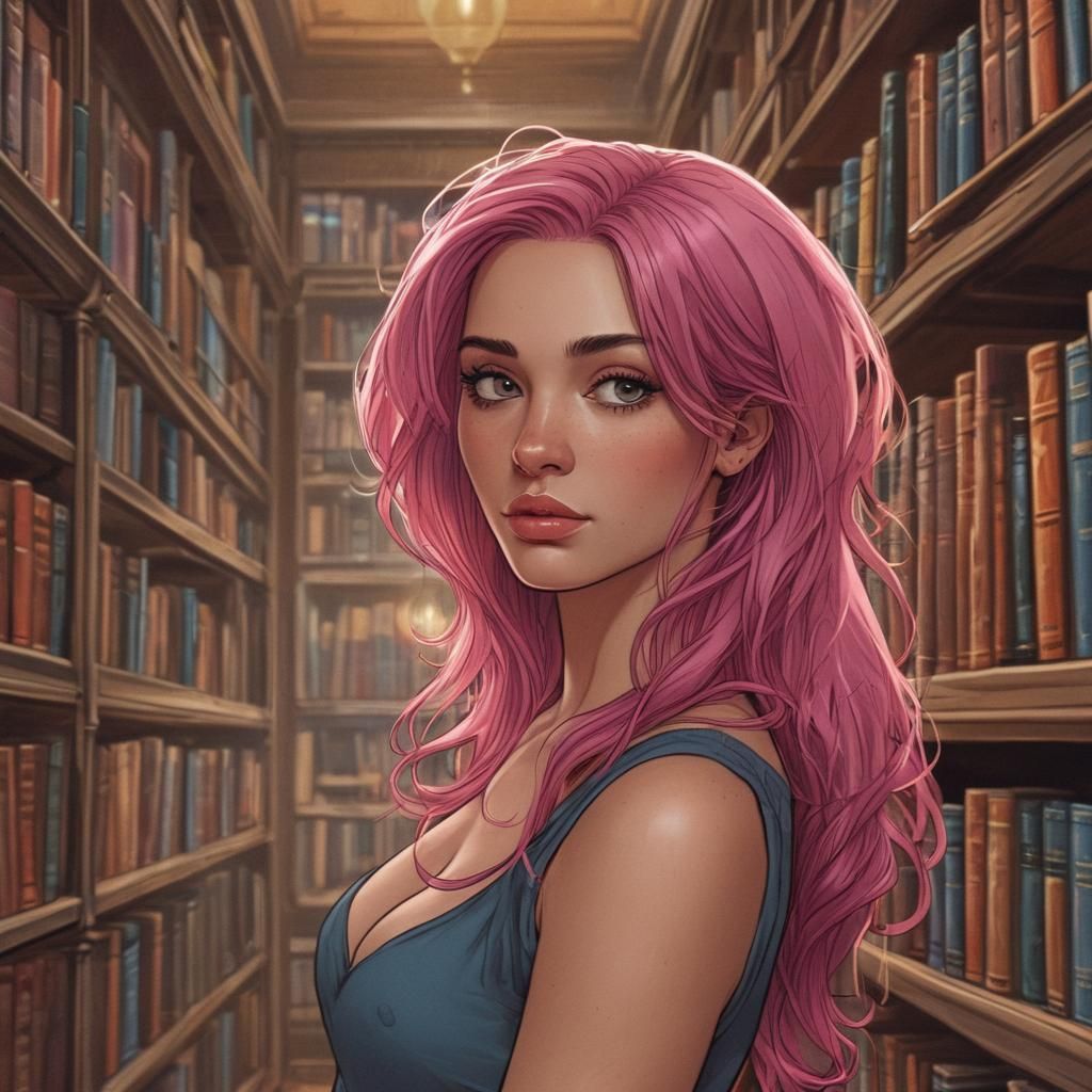 Pink-Haired Woman in Library, Comic Book Art