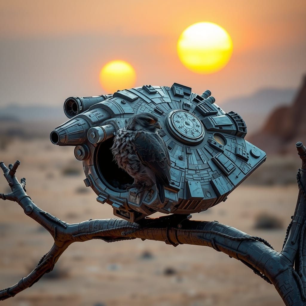 Millennium Falcon Birdhouse with Falcon in Sci-Fi Desert