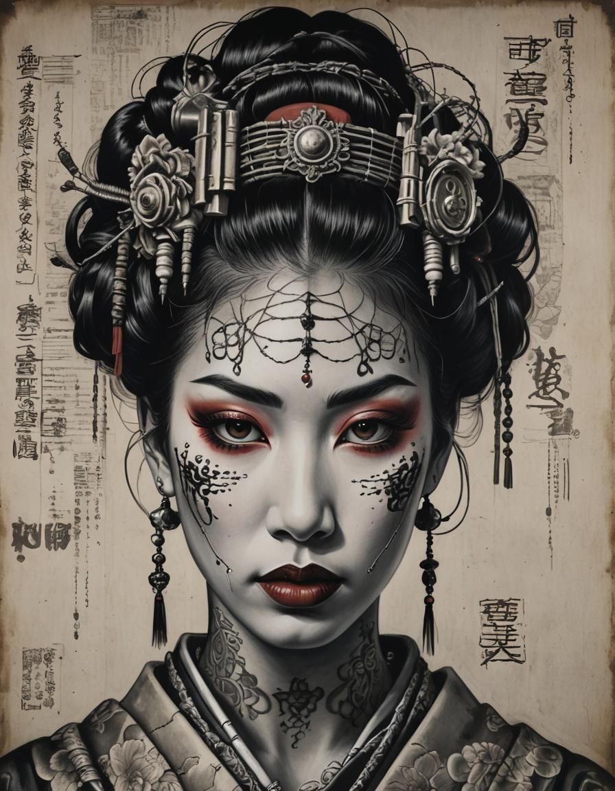 Latina Geisha with Barbed Wire Crown: Charcoal Drawing