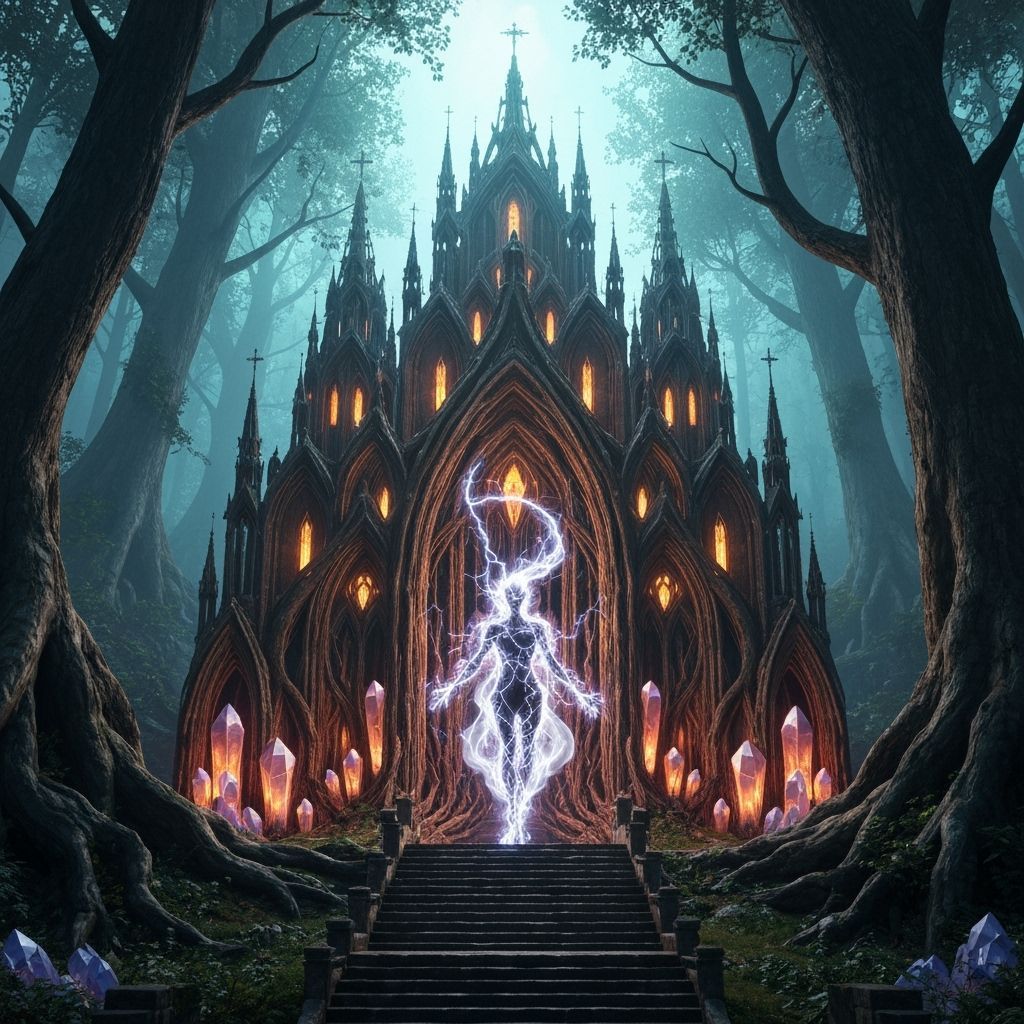 Gothic Cathedral of Roots and Crystals in Enchanted Forest