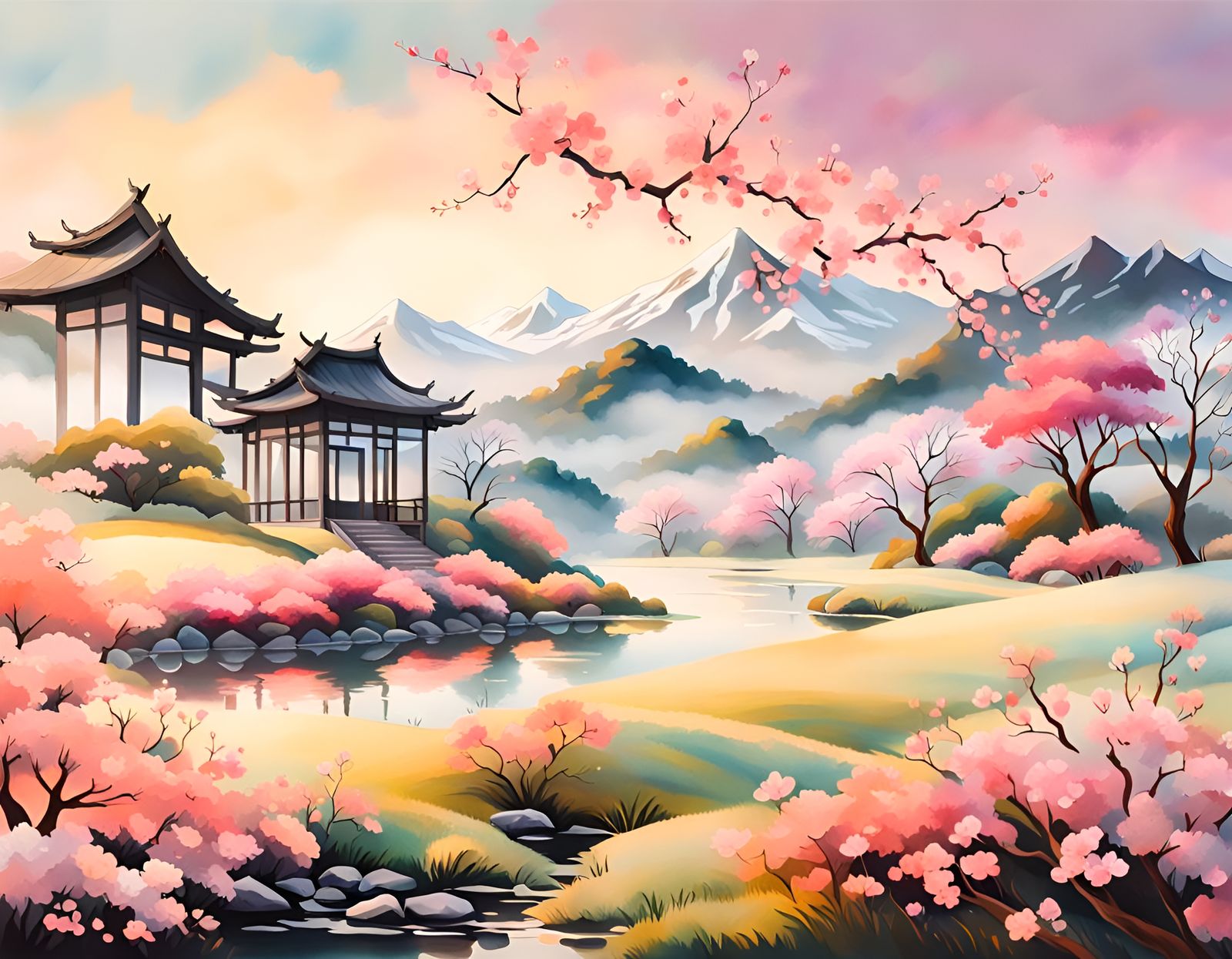 Pastel Impressionism "Ancient Japanese village", Morning Beauty.