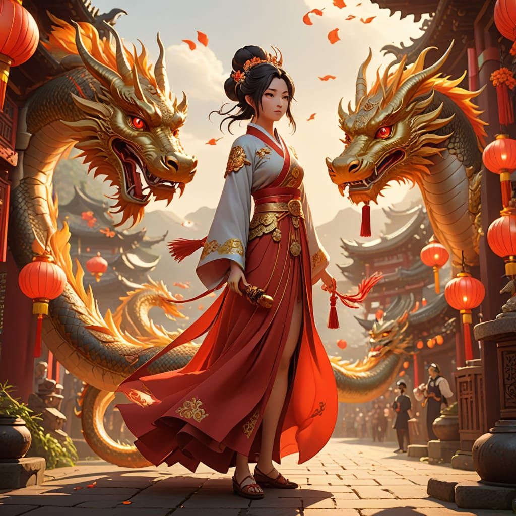 Ethereal Fantasy Landscape with Majestic Chinese Dragons
