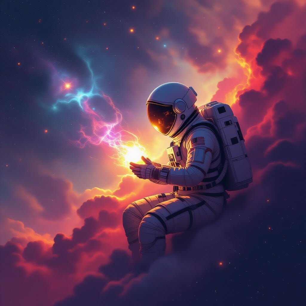 Astronaut Adrift in Nebula Clutching Glowing Artifact
