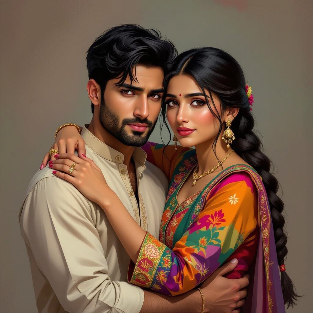 Emotional Reunion: Man Hugged by Woman in Ancient Art Style