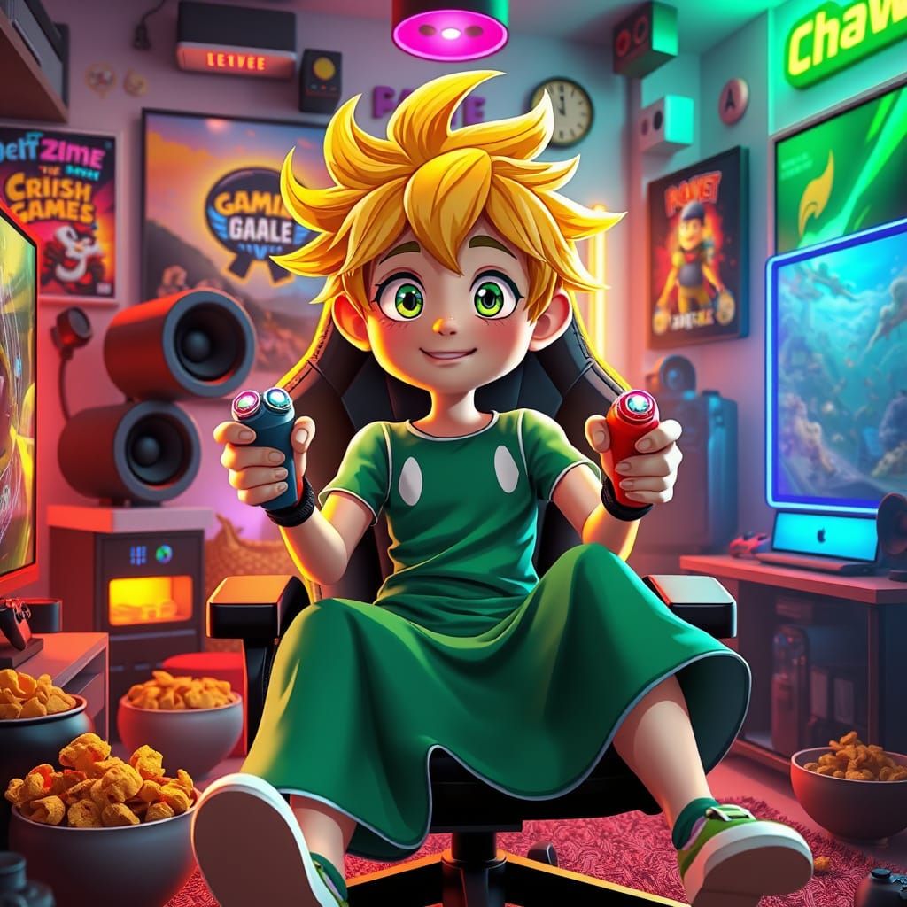 Gaming Prince in Vibrant Neon Gaming Lair