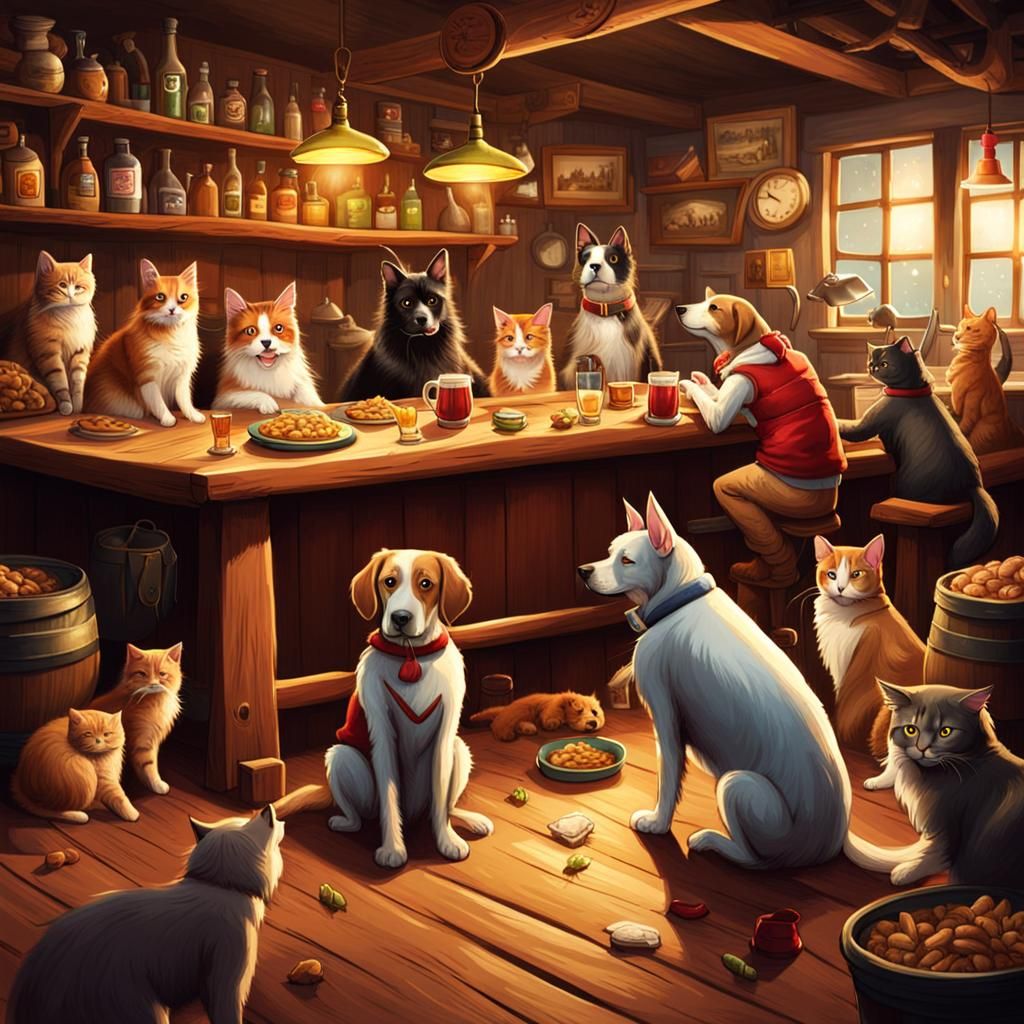 Dog and Cat in a Tavern Surrounded by Animals