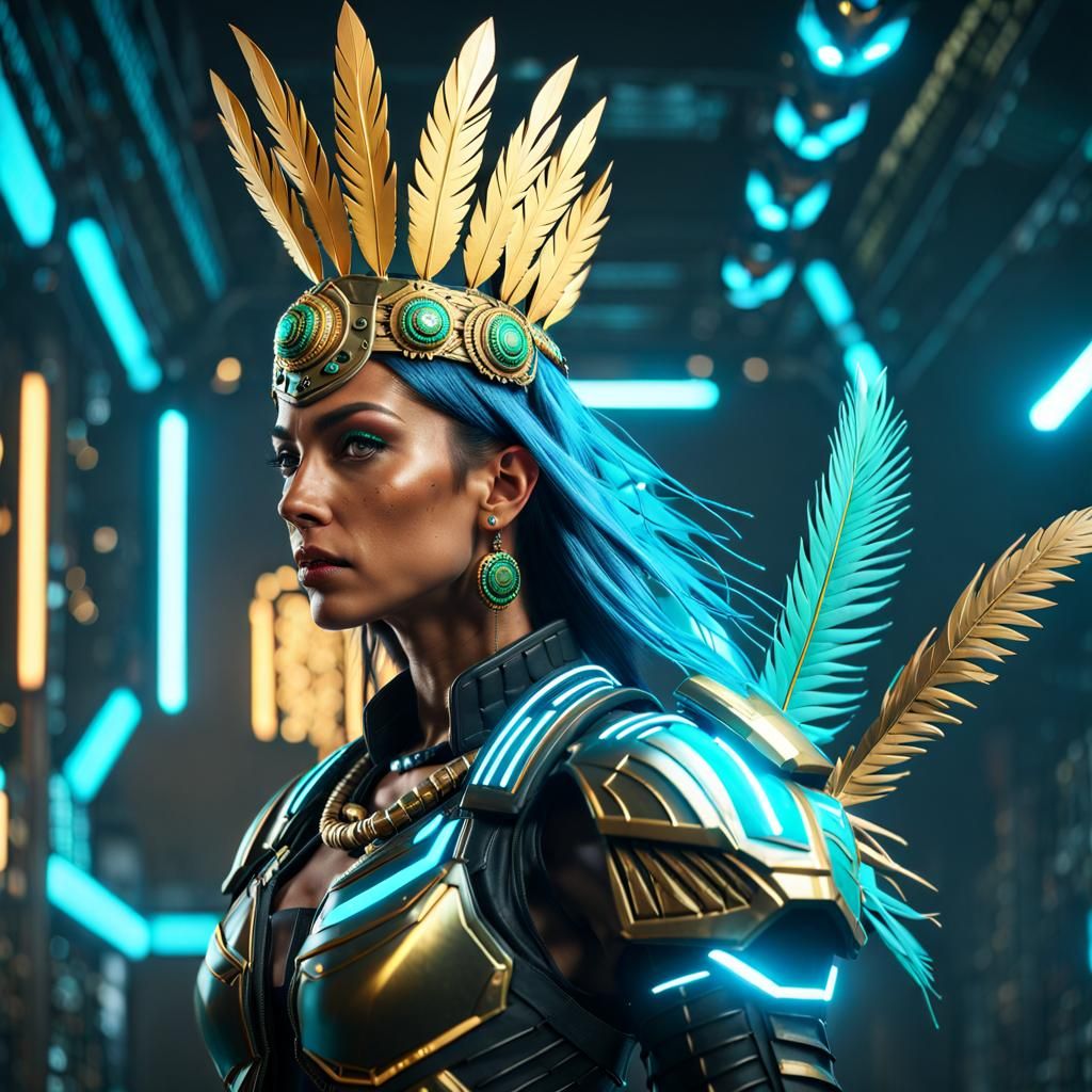 Aztec Battle Sister in Cyberpunk Armor