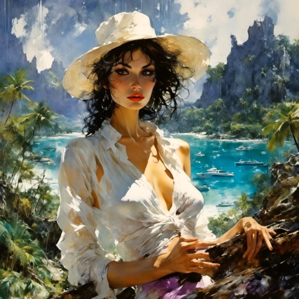 Enthralling Woman in Bora Bora Lagoon Illustration