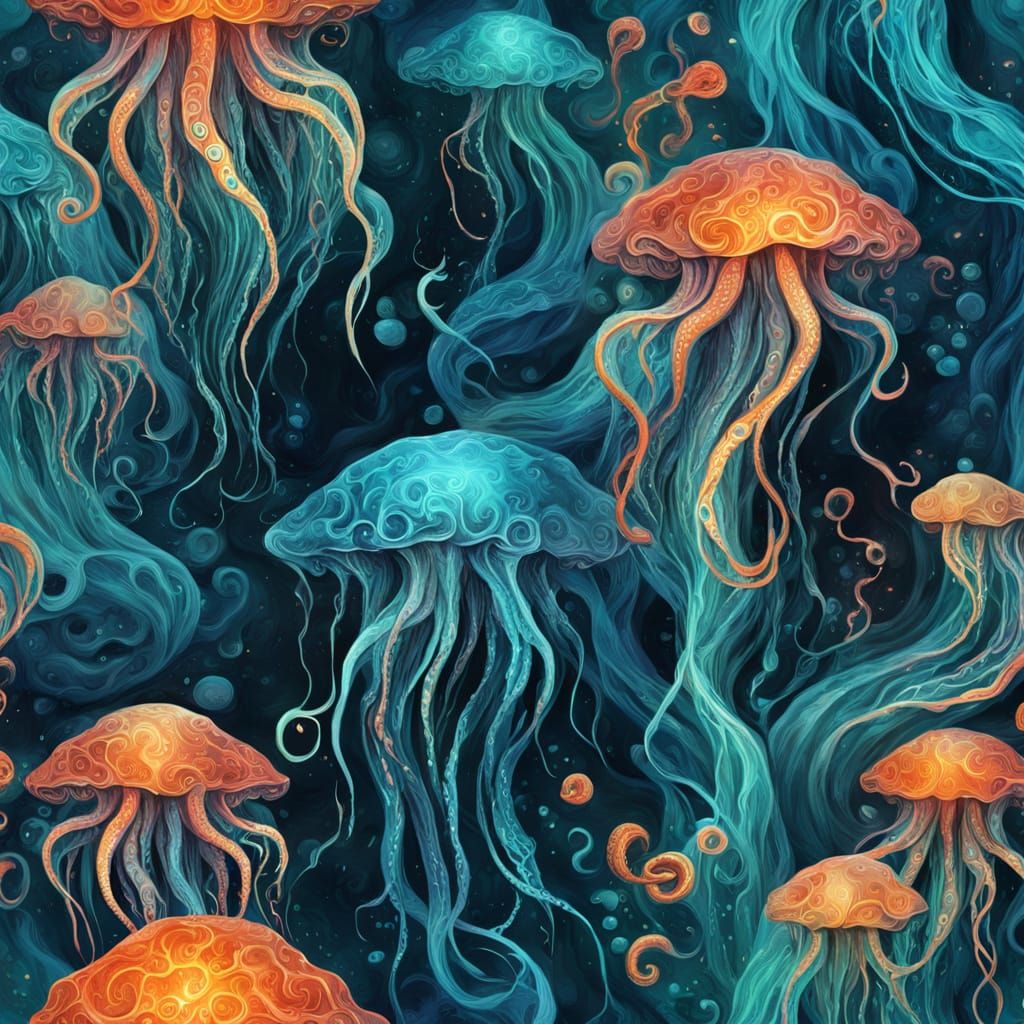 Surrealist Coral Reef Scene with Melting Forms and Iridescen...