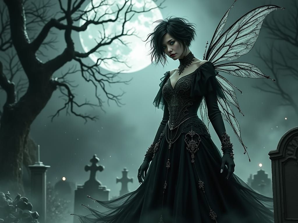 Gothic Fairy in Moonlit Graveyard