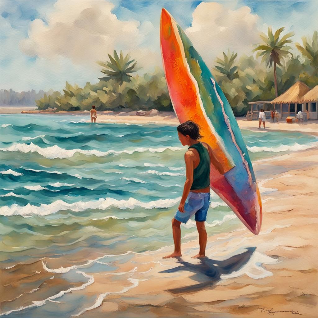 Mexican Teenager at Beach in Gouache Style