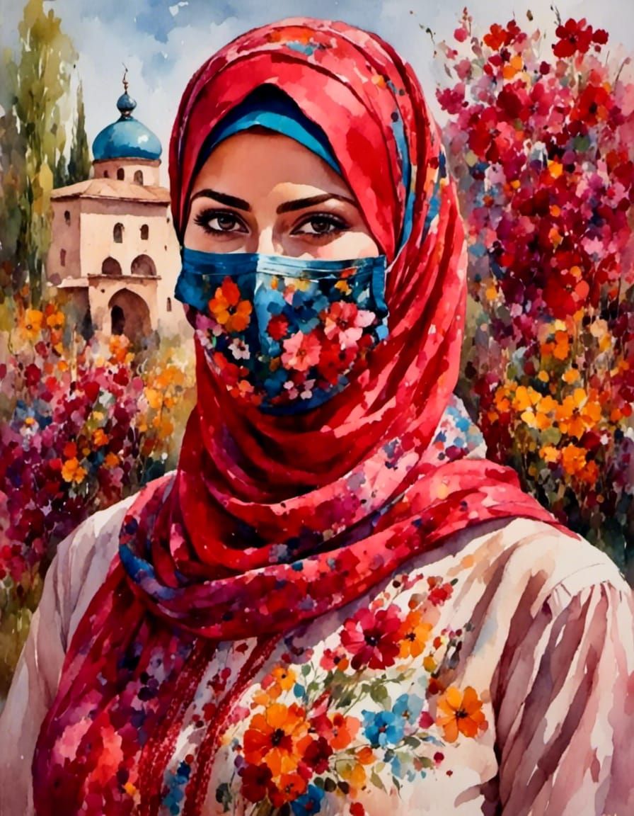 Smiling Hijabi Woman in Garden as Oil Painting