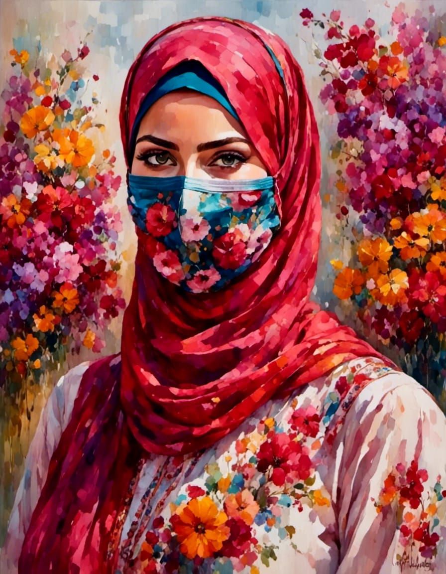 Smiling Hijabi Woman in Garden as Oil Painting