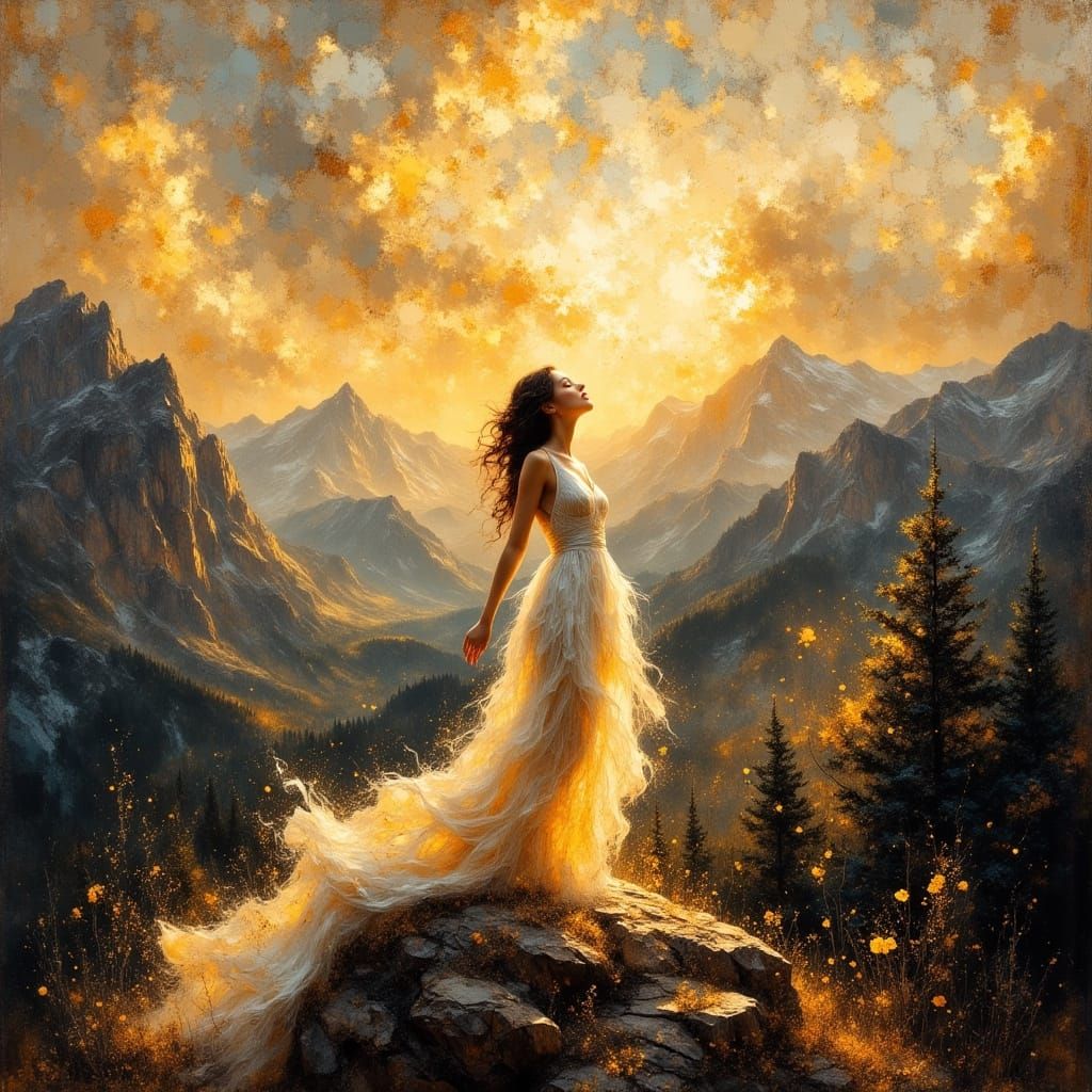 Ecstatic Woman on Mountain in Golden Hour Light
