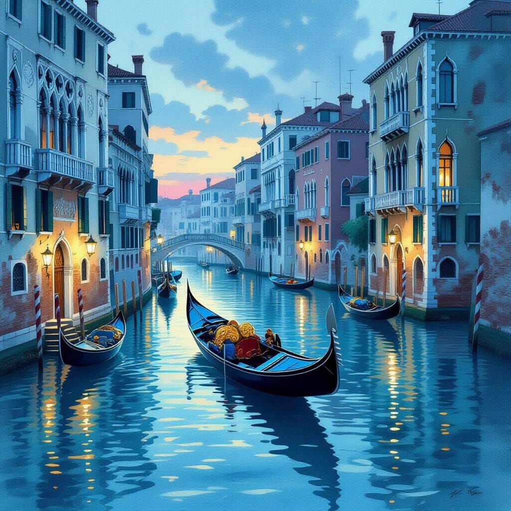 Pastry Gondola on Watercolor Venetian Canal