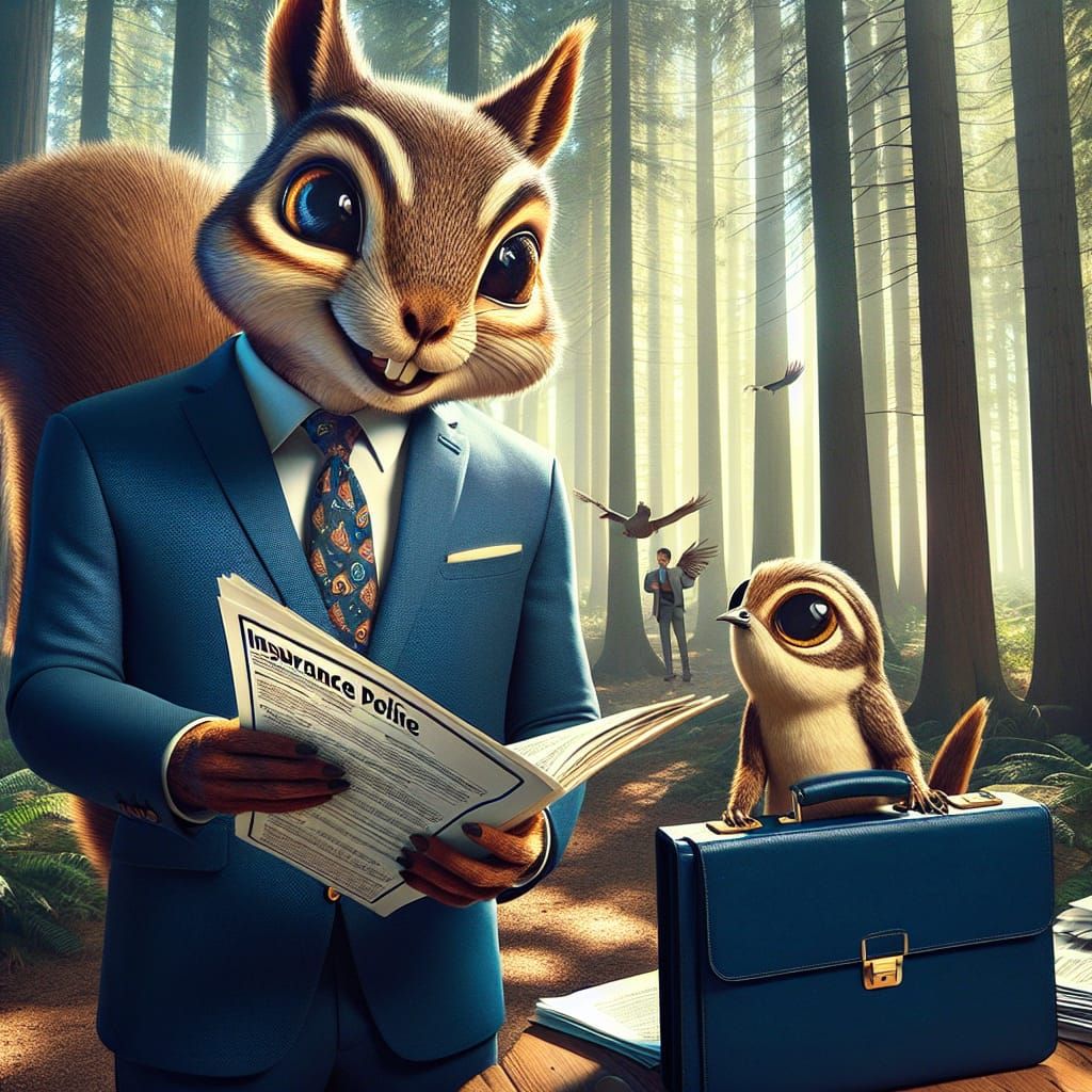 Squirrel Insurance Salesman in Whimsical Forest Scene